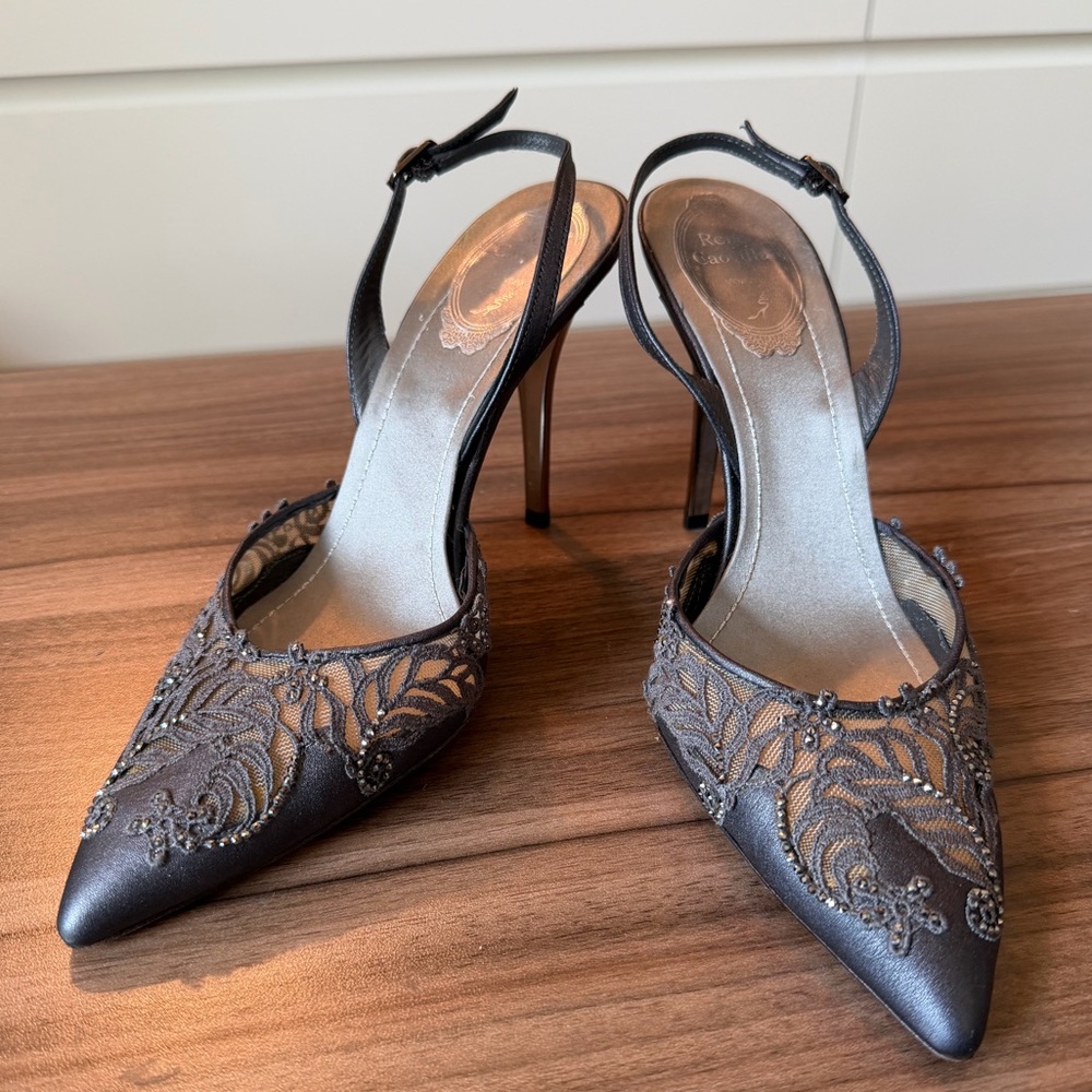 Rene Caovilla Grey Beaded Satin Slingback Pumps (IT 38/ US 8)